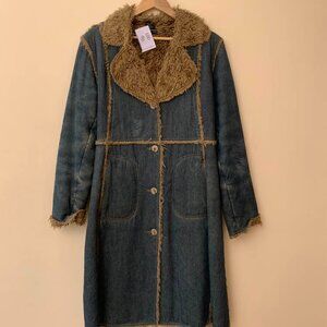 Denim full length Pennylane Style  long Coat with front faux fur details
